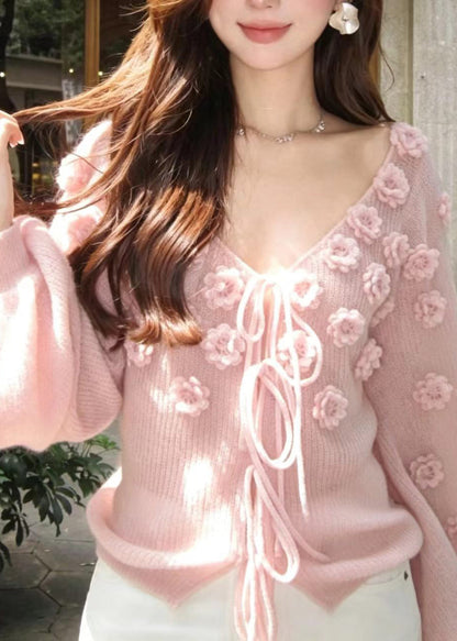 Stylish Pink Stereoscopic Floral Lace Up Knit Pullover Fall