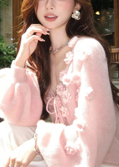 Stylish Pink Stereoscopic Floral Lace Up Knit Pullover Fall