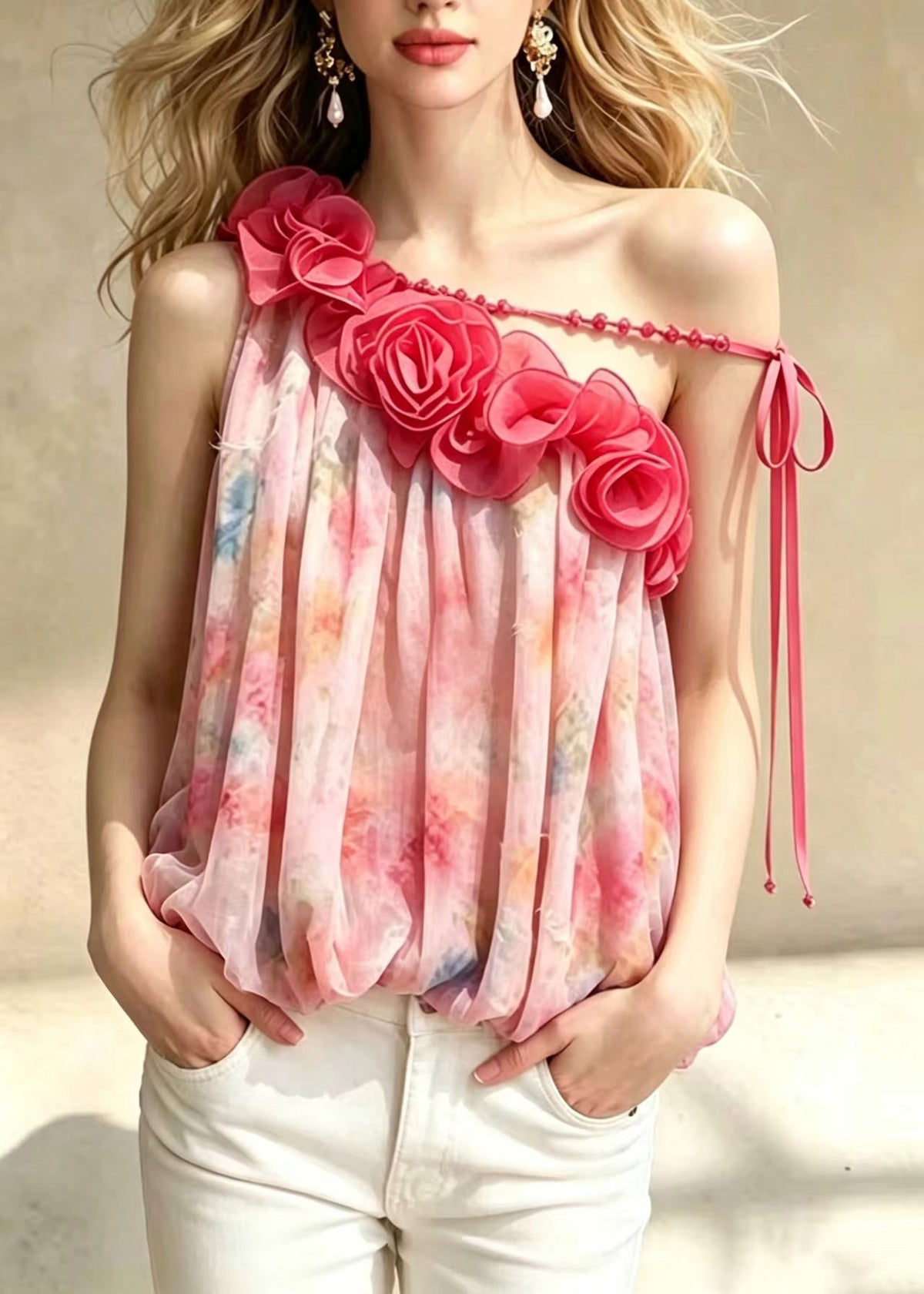 Stylish Pink Stereoscopic Floral One Shoulder Print Chiffon Tops Sleeveless