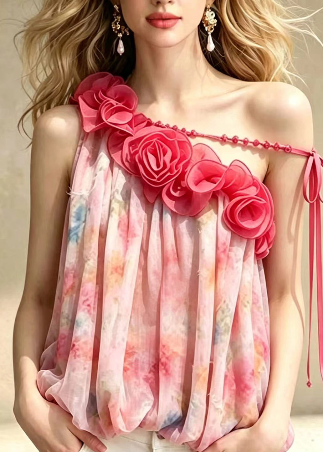 Stylish Pink Stereoscopic Floral One Shoulder Print Chiffon Tops Sleeveless