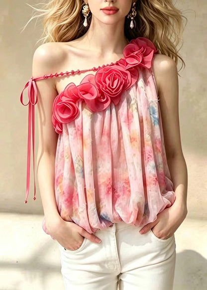 Stylish Pink Stereoscopic Floral One Shoulder Print Chiffon Tops Sleeveless