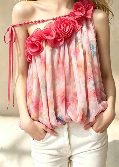 Stylish Pink Stereoscopic Floral One Shoulder Print Chiffon Tops Sleeveless