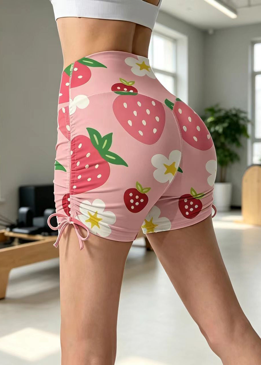 Stylish Pink Strawberry Print High Waist Butt Scrunch Drawstring Workout Gym Shorts
