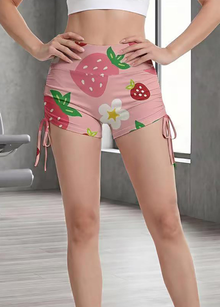 Stylish Pink Strawberry Print High Waist Butt Scrunch Drawstring Workout Gym Shorts