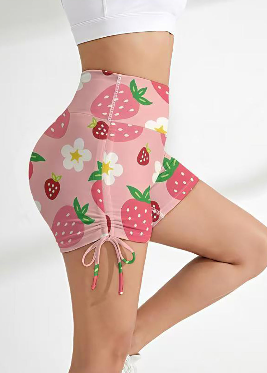Stylish Pink Strawberry Print High Waist Butt Scrunch Drawstring Workout Gym Shorts
