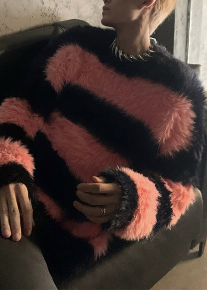 Stylish Pink Striped Patchwork Mink Velvet Men Sweaters Winter