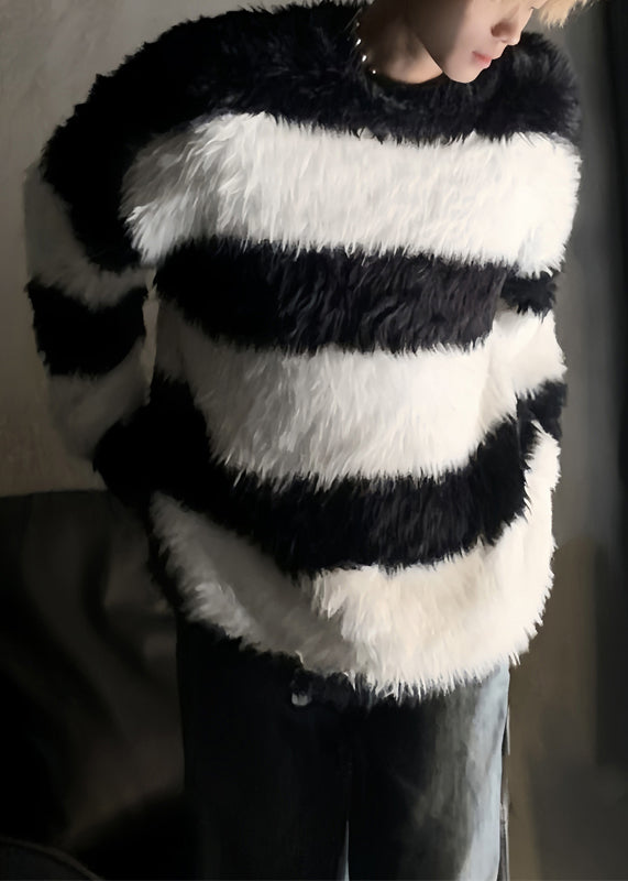 Stylish Pink Striped Patchwork Mink Velvet Men Sweaters Winter