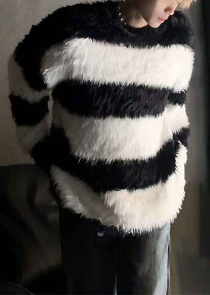 Stylish Pink Striped Patchwork Mink Velvet Men Sweaters Winter