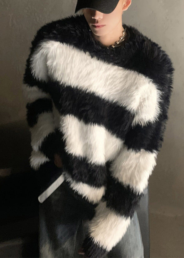 Stylish Pink Striped Patchwork Mink Velvet Men Sweaters Winter