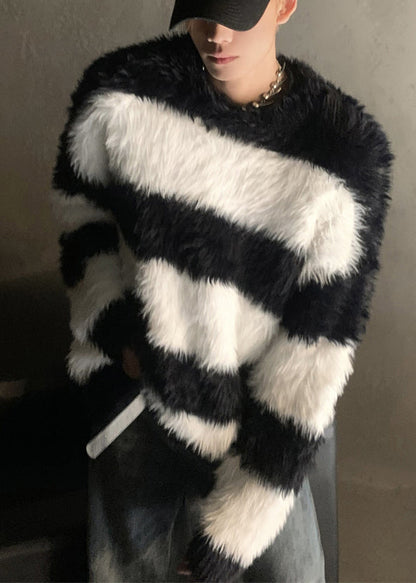 Stylish Pink Striped Patchwork Mink Velvet Men Sweaters Winter