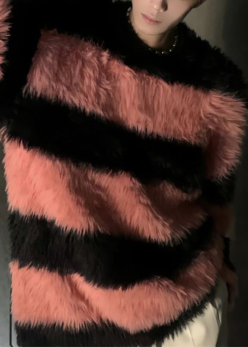 Stylish Pink Striped Patchwork Mink Velvet Men Sweaters Winter