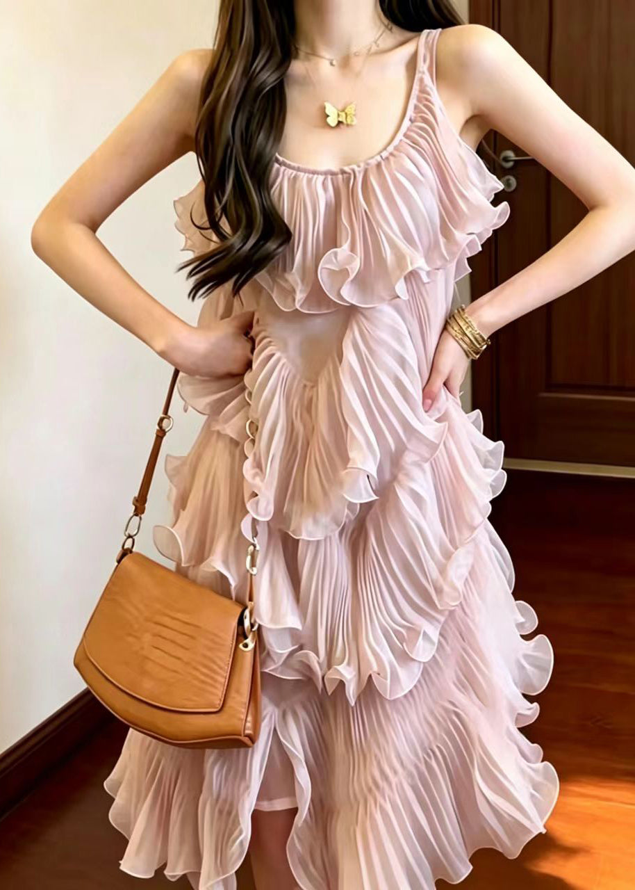 Stylish Pink U Neck Asymmetrical Pleated Layered Mid Dress Sleeveless