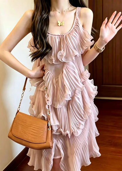 Stylish Pink U Neck Asymmetrical Pleated Layered Mid Dress Sleeveless