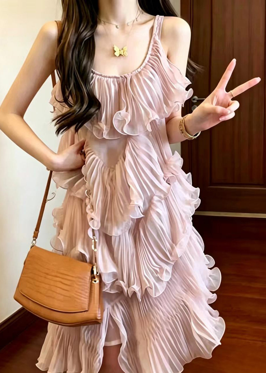Stylish Pink U Neck Asymmetrical Pleated Layered Mid Dress Sleeveless