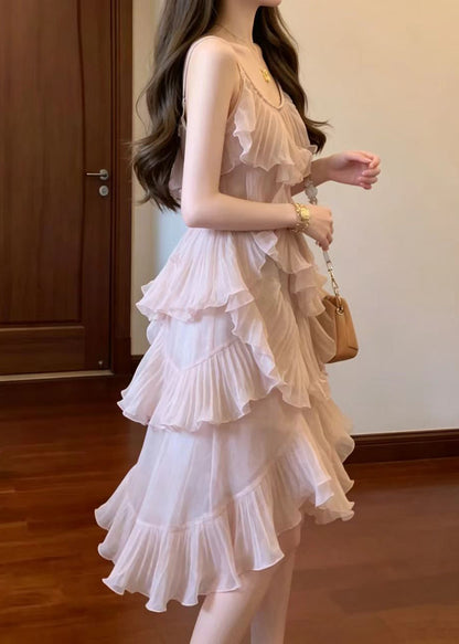 Stylish Pink U Neck Asymmetrical Pleated Layered Mid Dress Sleeveless