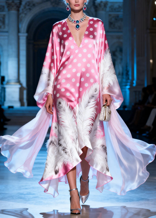 Stylish Pink V Neck Dot Feather Print Silk Long Dress Summer