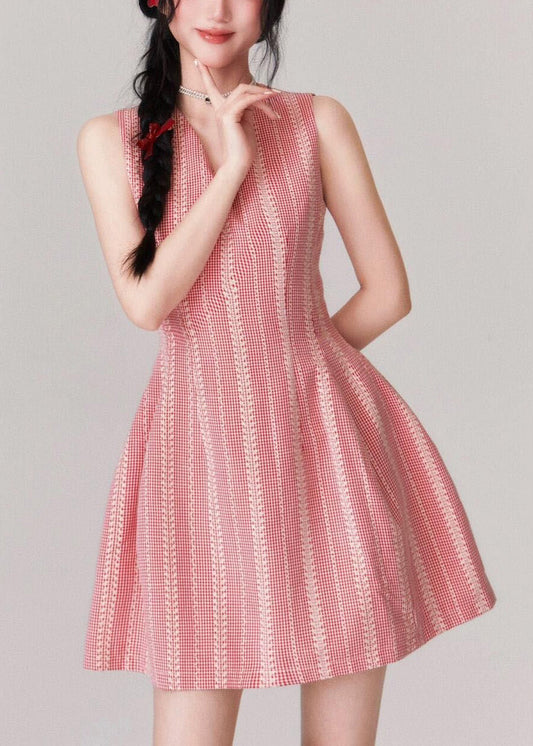 Stylish Pink V Neck High Waist Cotton Mid Dress Sleeveless