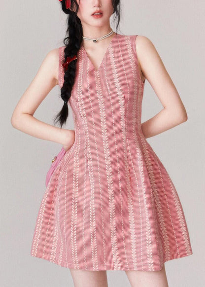 Stylish Pink V Neck High Waist Cotton Mid Dress Sleeveless