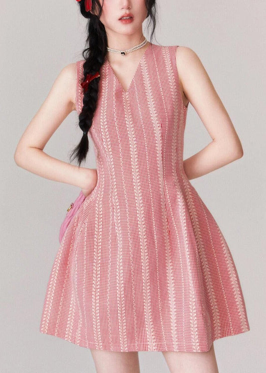 Stylish Pink V Neck High Waist Cotton Mid Dress Sleeveless