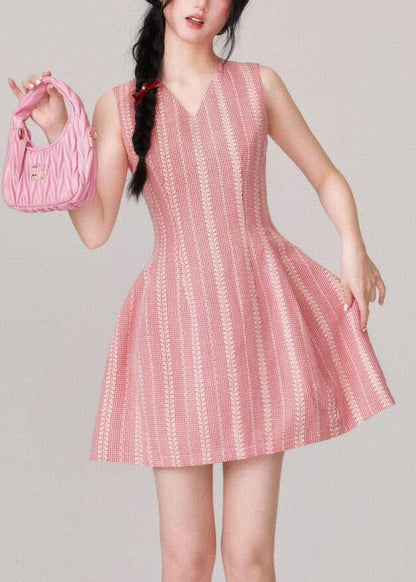 Stylish Pink V Neck High Waist Cotton Mid Dress Sleeveless