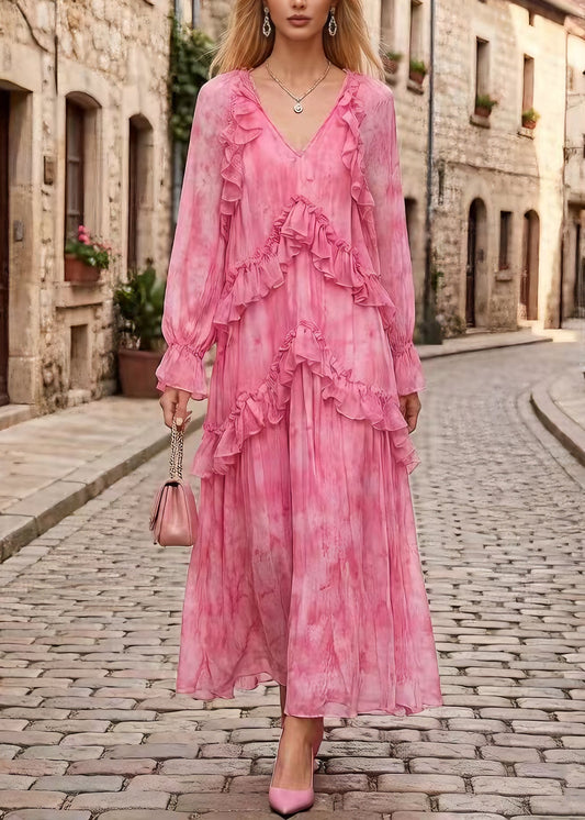 Stylish Pink V Neck Ruffled Patchwork Chiffon Dress Spring