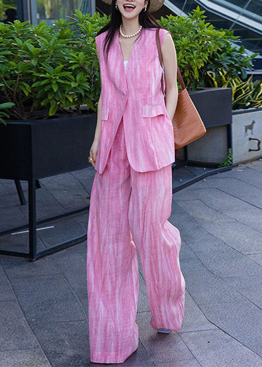 Stylish Pink V Neck Vest And Wide Leg Pants Cotton Two Piece Set Sleeveless
