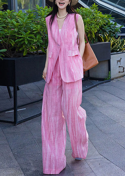 Stylish Pink V Neck Vest And Wide Leg Pants Cotton Two Piece Set Sleeveless