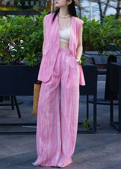 Stylish Pink V Neck Vest And Wide Leg Pants Cotton Two Piece Set Sleeveless