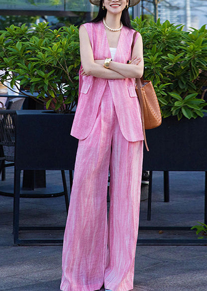 Stylish Pink V Neck Vest And Wide Leg Pants Cotton Two Piece Set Sleeveless