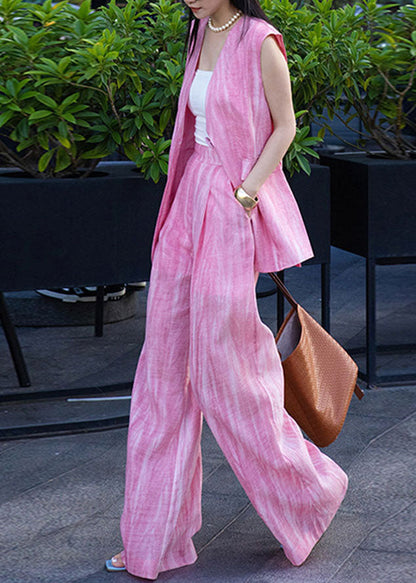 Stylish Pink V Neck Vest And Wide Leg Pants Cotton Two Piece Set Sleeveless