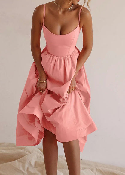 Stylish Pink Wrinkled Cotton Spaghetti Strap Dress Summer