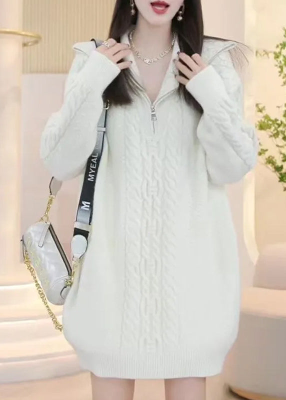 Stylish Pink Zip Up Patchwork Cable Knit Knitwear Dress Winter
