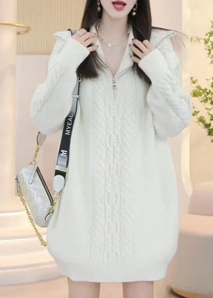 Stylish Pink Zip Up Patchwork Cable Knit Knitwear Dress Winter