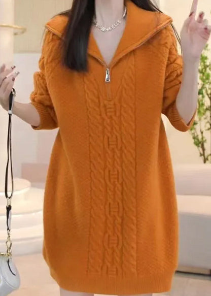 Stylish Pink Zip Up Patchwork Cable Knit Knitwear Dress Winter