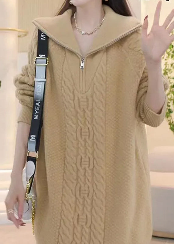Stylish Pink Zip Up Patchwork Cable Knit Knitwear Dress Winter