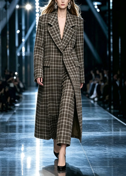 Stylish Plaid Long Coats And Wide Leg Pants Two Pieces Set Long Sleeve