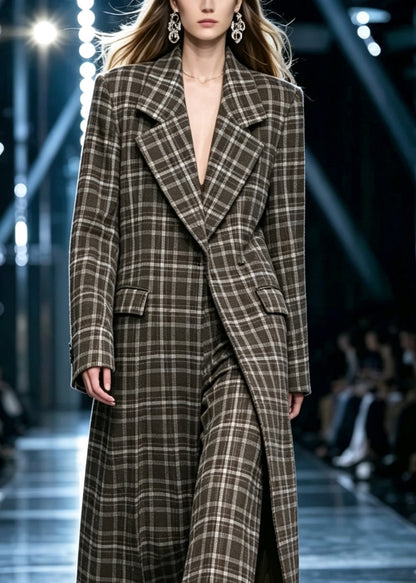 Stylish Plaid Long Coats And Wide Leg Pants Two Pieces Set Long Sleeve
