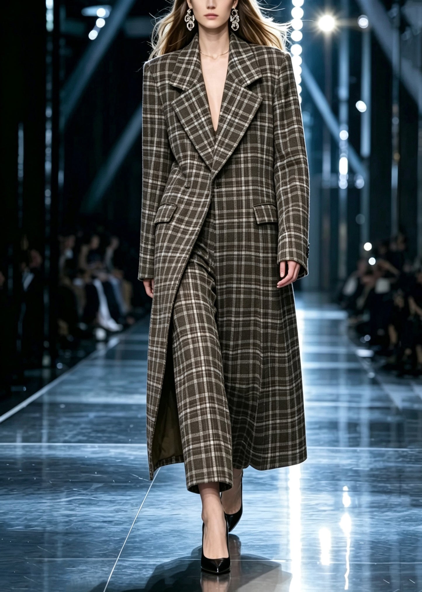 Stylish Plaid Long Coats And Wide Leg Pants Two Pieces Set Long Sleeve