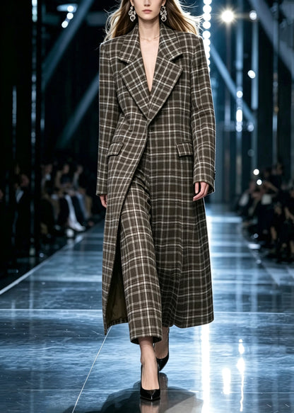 Stylish Plaid Long Coats And Wide Leg Pants Two Pieces Set Long Sleeve