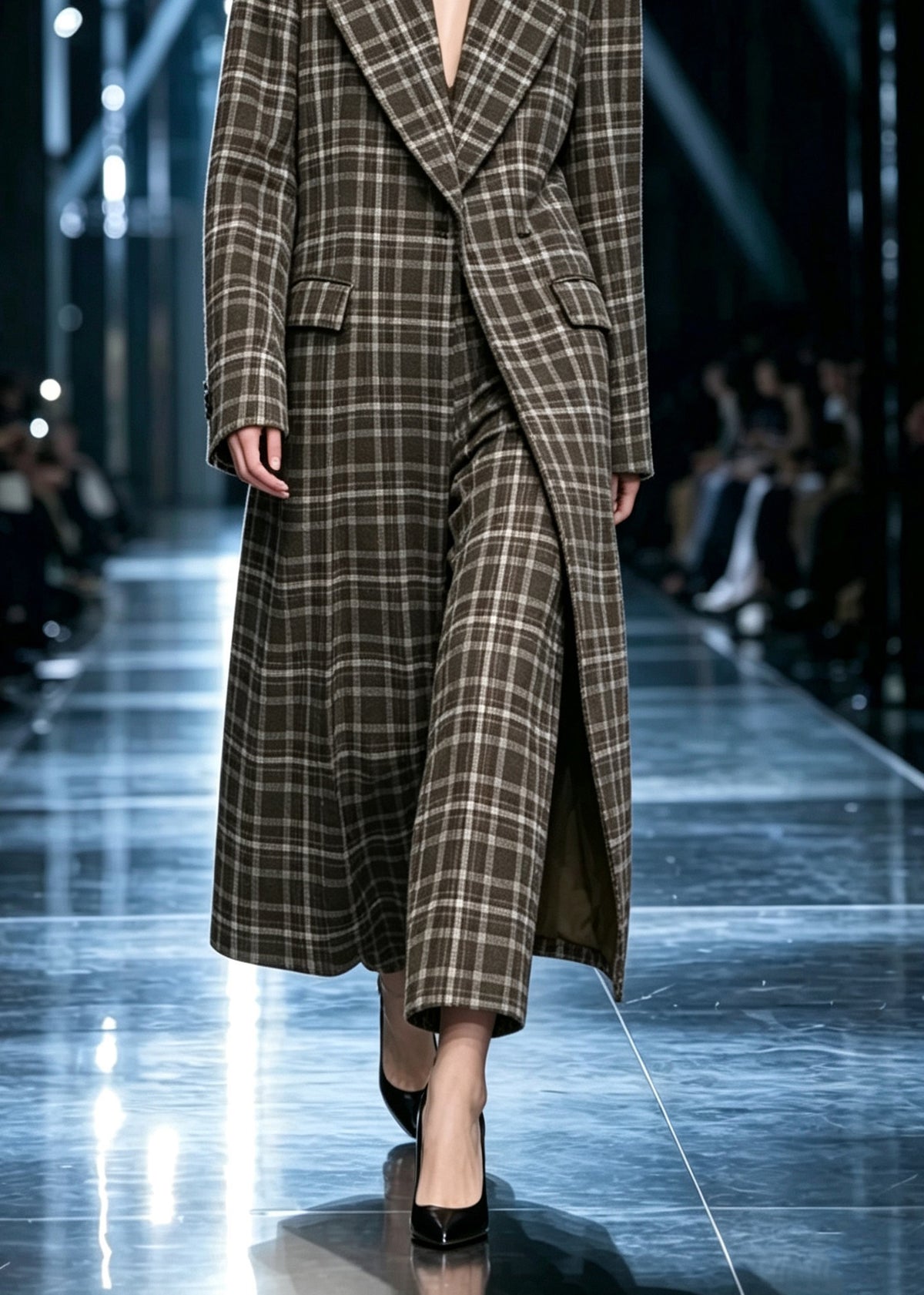 Stylish Plaid Long Coats And Wide Leg Pants Two Pieces Set Long Sleeve