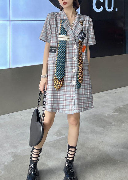 Stylish Plaid Peter Pan CollarButton Mini Dress Summer - SooLinen