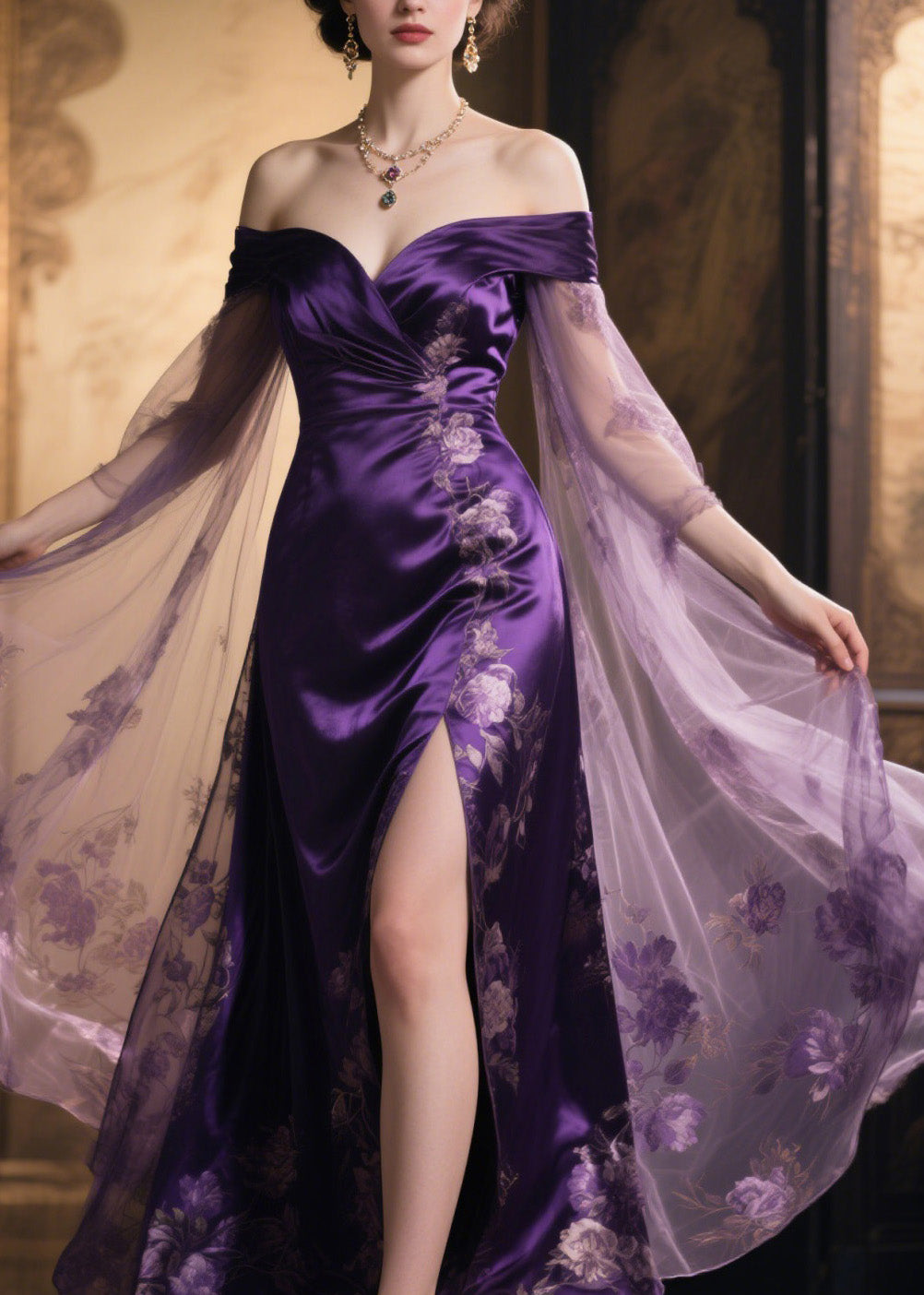 Stylish Print Cold Shoulder Tulle Patchwork Silk Dress Summer
