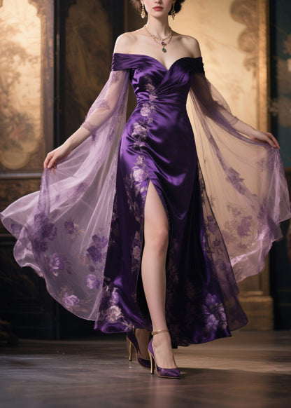 Stylish Print Cold Shoulder Tulle Patchwork Silk Dress Summer