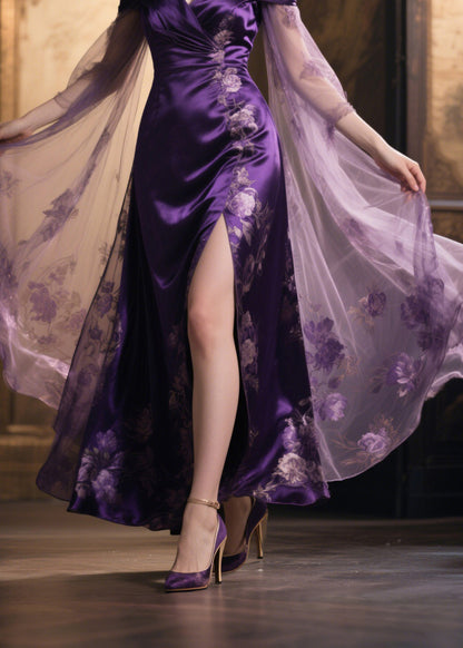 Stylish Print Cold Shoulder Tulle Patchwork Silk Dress Summer