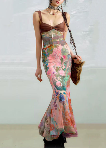 Stylish Print High Waist Patchwork Cotton Spaghetti Strap Dress Sleeveless