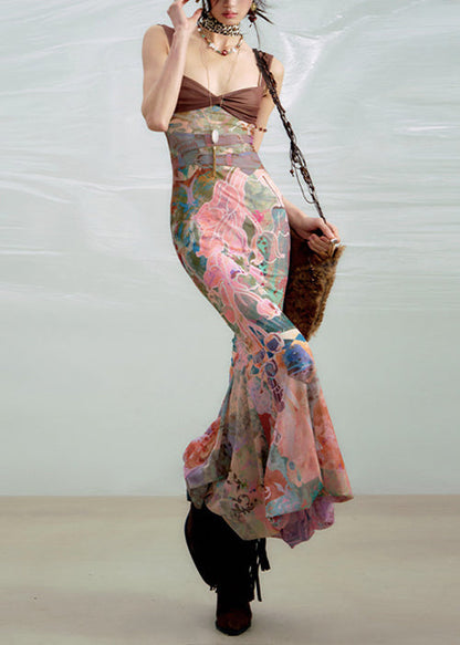 Stylish Print High Waist Patchwork Cotton Spaghetti Strap Dress Sleeveless