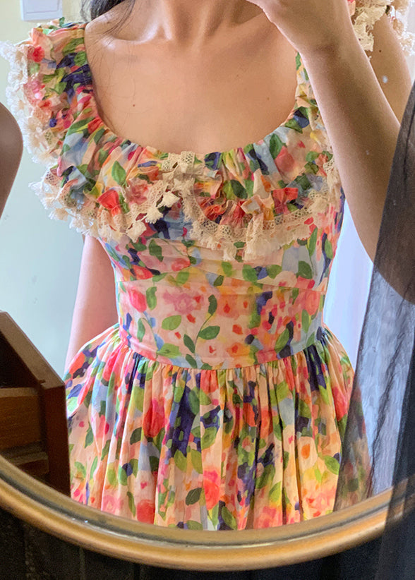 Stylish Print Lace High Waist Cotton Long Dresses Sleeveless