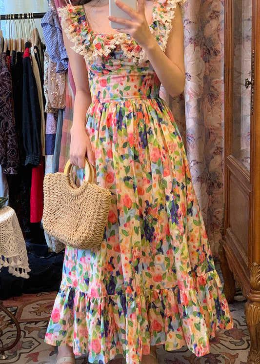 Stylish Print Lace High Waist Cotton Long Dresses Sleeveless