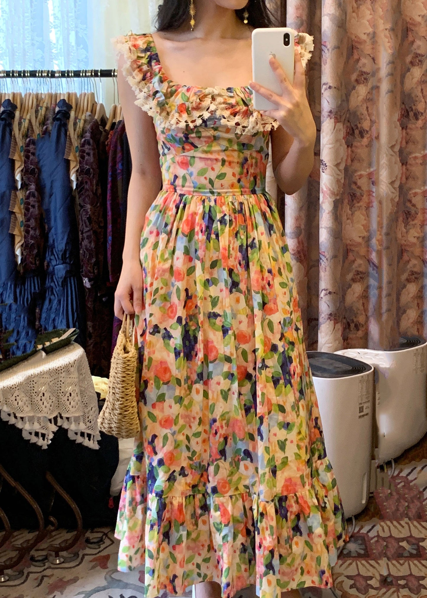 Stylish Print Lace High Waist Cotton Long Dresses Sleeveless