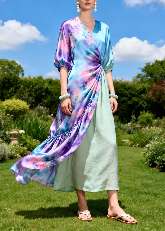 Stylish Purple Asymmetrical Patchwork Tie Dye Silk Long Dress Summer